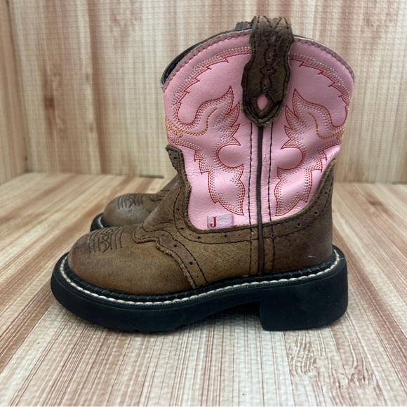 Justin Cowgirl Boots Toddler Size 8.5 D Gypsy 9901C Brown Pink Leather Round Toe - Picture 4 of 8